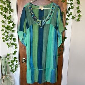 100% Cotton Striped Blue Green Turquoise Bead Detail Beach Swim Cover Dress